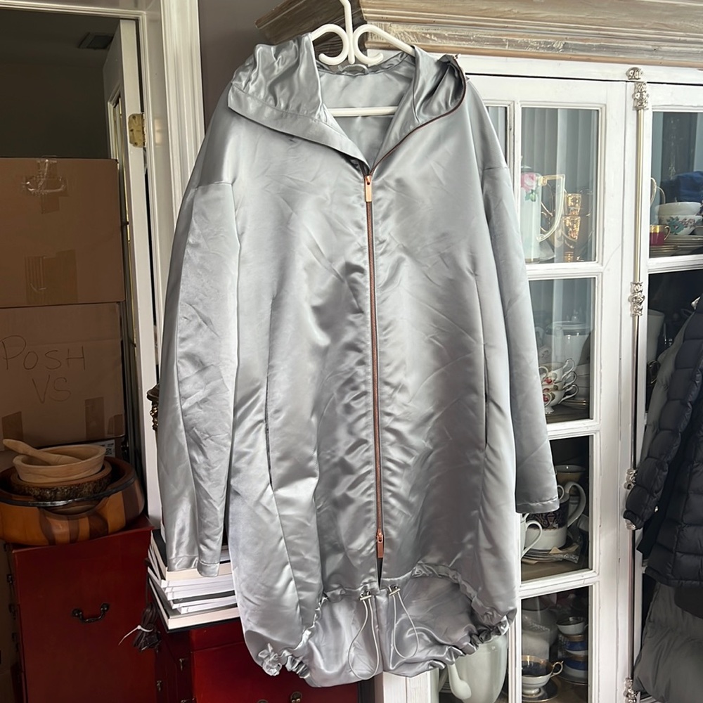 COS Silver Gray Long Hooded Jacket with Pockets, 50/ L-XL
